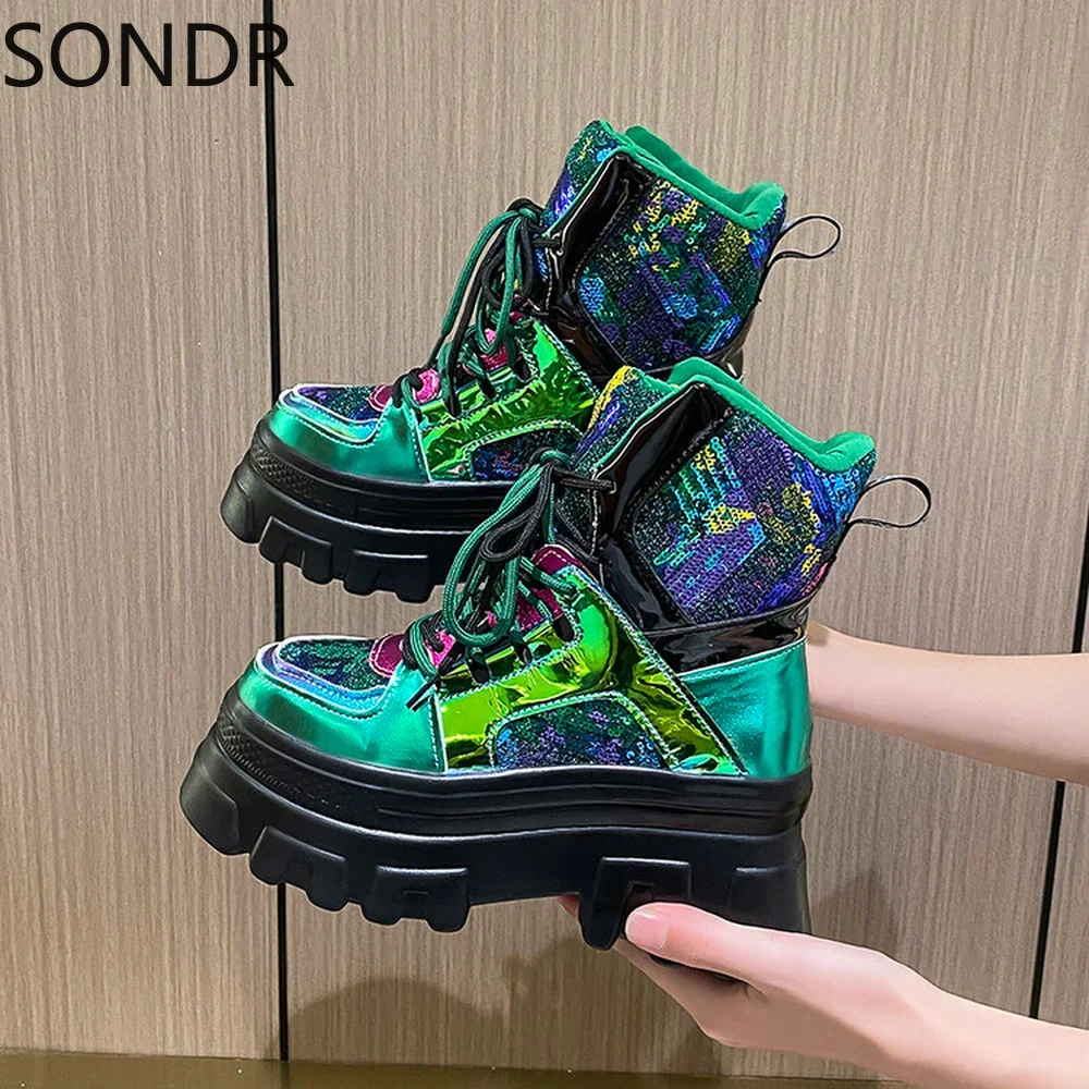 

Женские блестящие полусапожки на платформе, на высоком массивном каблуке, со шнуровкой, в стиле панк, разные цвета, ретро, для девушек, новинка 2024