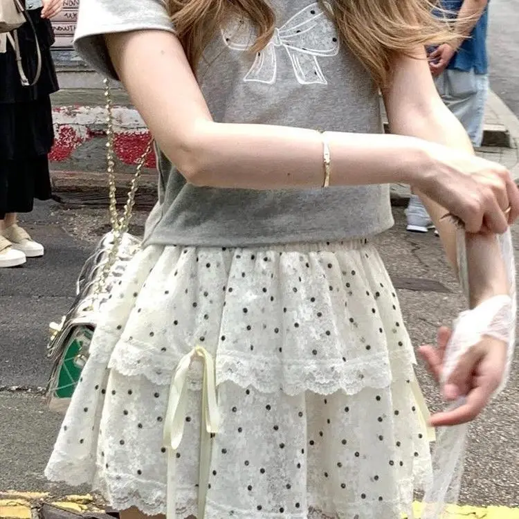 

Ruffle Lace Knot Tie Polka Dot Half Skirt Layered Cake Skirt High Waist Polyester Fiber Commute Casual Style