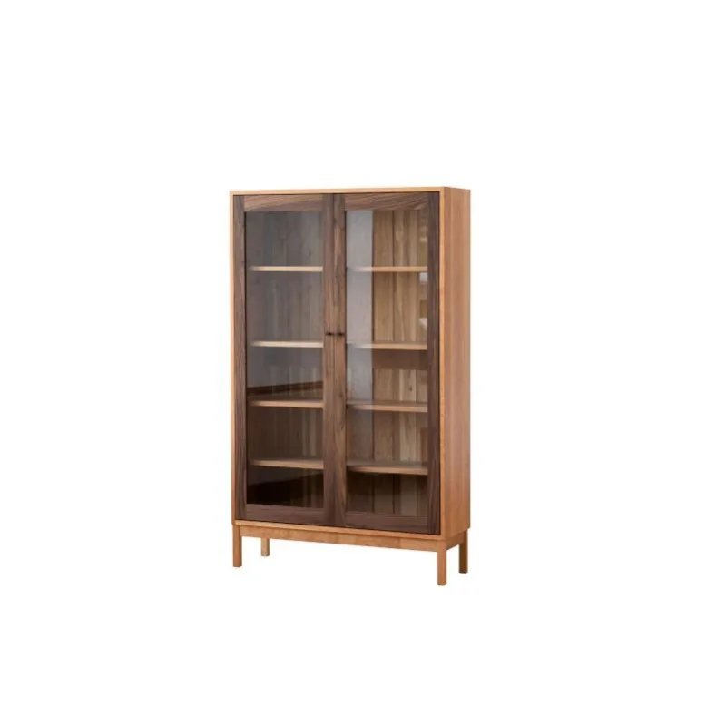 Glass bookcase, contrasting log wine cabinet, display bookshelf