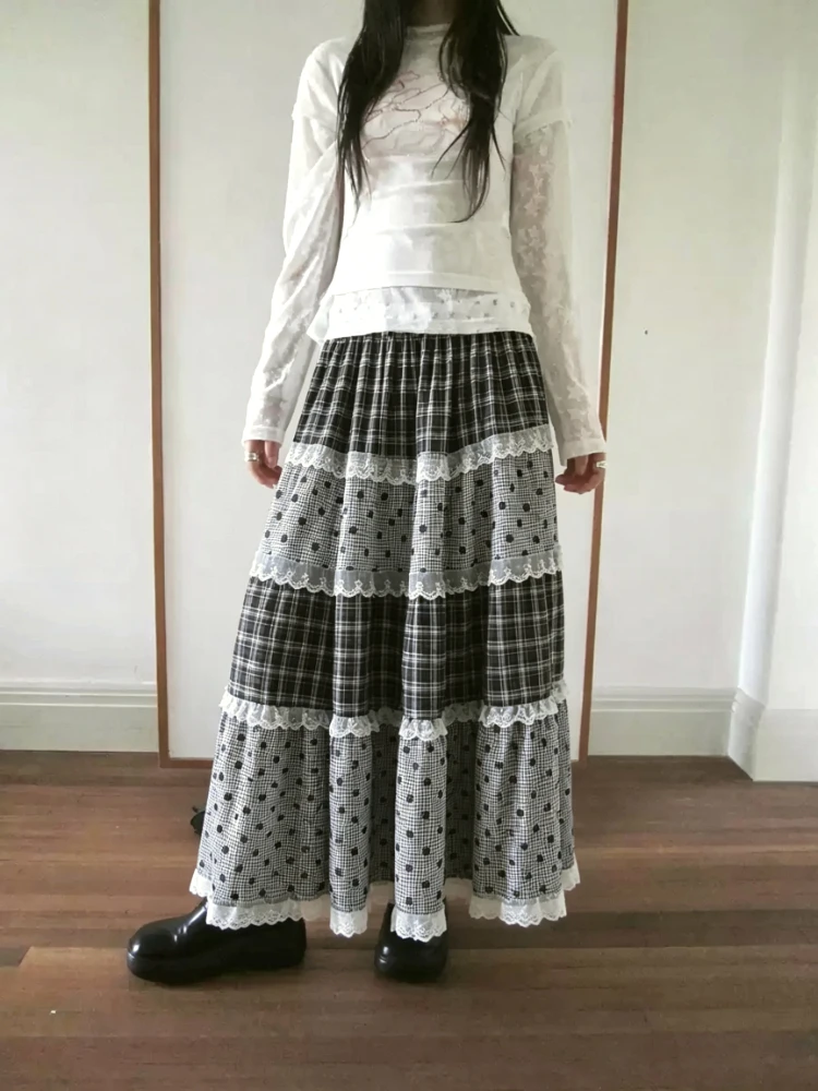 Women 2026 New French Retro Lace Patchwork Flared Skirt Japanese Style Lolita Sweet A Line Skirt Harajuku Y2k Trendy Skirt