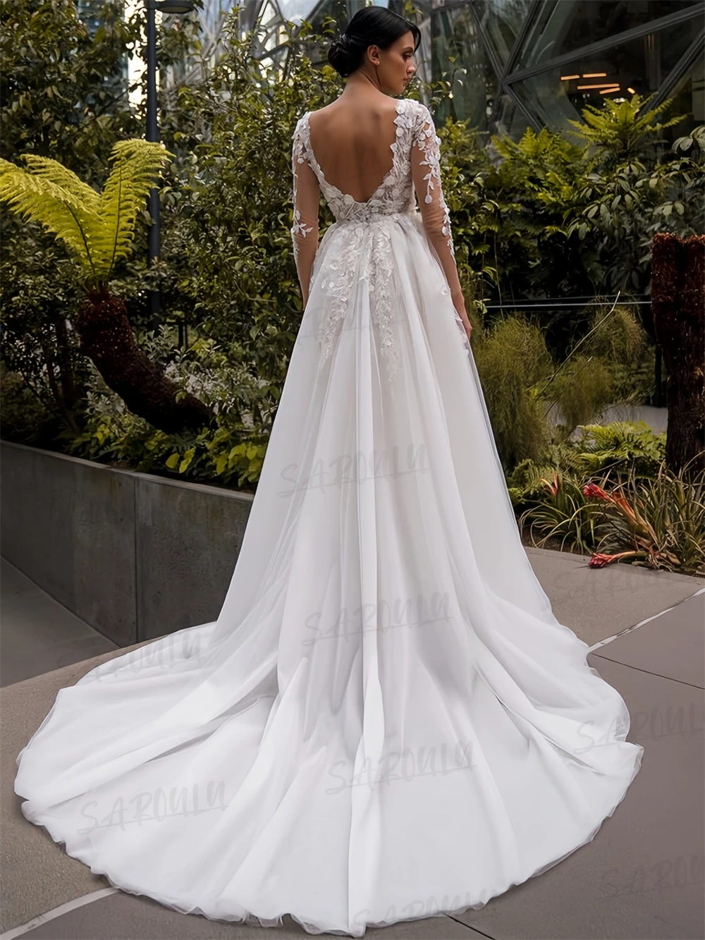 SAROULU Abito da sposa con maniche a illusione completa con applicazioni floreali 3D, abito da sposa lungo in tulle a due pezzi, abito da sposa personalizzato