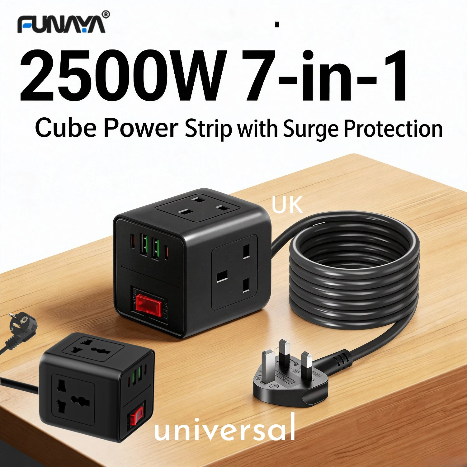 

2500W 7-in-1 UK Universal Power Strip Cube 3 AC Outlets Socket 2 USB 2 Type-C Desktop Charging Station with Overload Protection