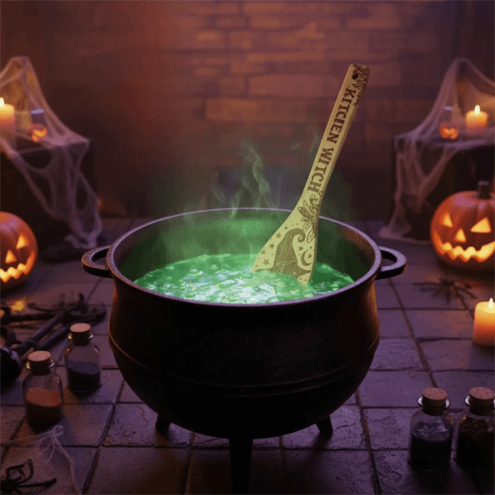 Wooden Halloween Witch Stirring Spoon Broom Witch Cauldron Design Large Size Halloween Witchy Decorative Spoon Eco-Friendly