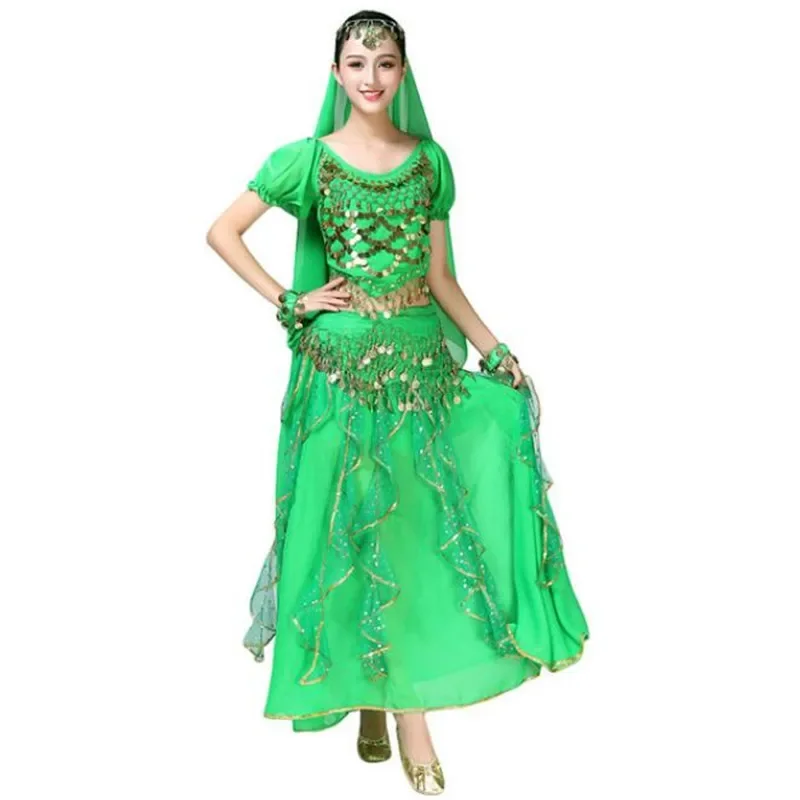 Bollywood Sequin Costumes Adult Indian Belly Dance Women Short Sleeve Chiffon Set