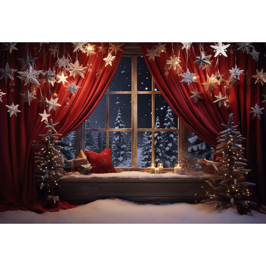 Avezano Christmas Window Backdrop Night Forest Snowy Xmas Trees Kids and Family Portrait Photography Background Photo Studio