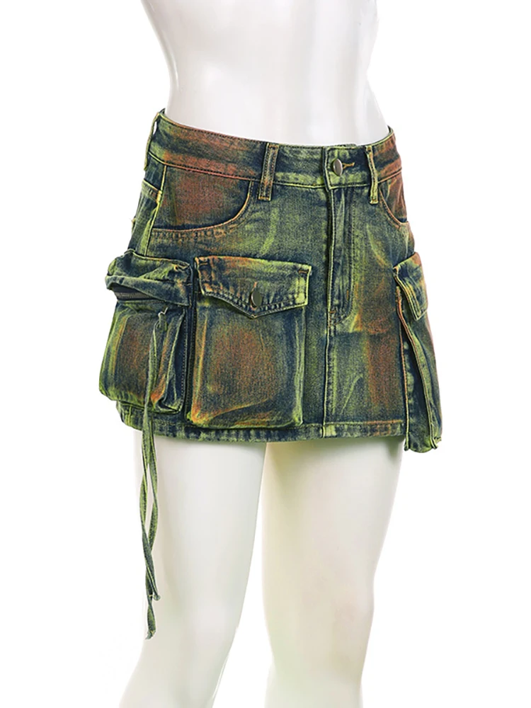 DEAT Women\'s Denim Skirts Tie-dye Green Irregular Spliced Multiple Pockets Cargo Mini Skirt 2024 Autumn New Fashion 29L3411