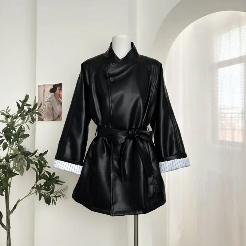 Black Leather Jacket Women's High-end Style New Autumn Cool and Elegant Temperament PU Leather Jacket Medium to Long Top