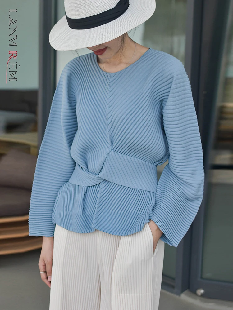 LANMREM Women Round Neck Bandage Waist Pleated T Shirt Loose Long Sleeves Solid Shirts Female Outwear Top 2024 Spring 2R4778