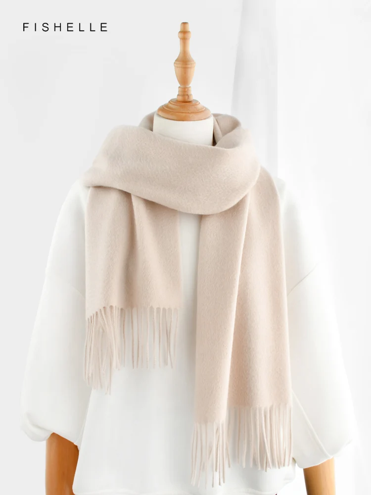 New Solid Beige Camel Khaki Pure Cashmere Tassels Scarf For Women Autumn Winter Warmth Adults Scarves Luxury Gifts For Female