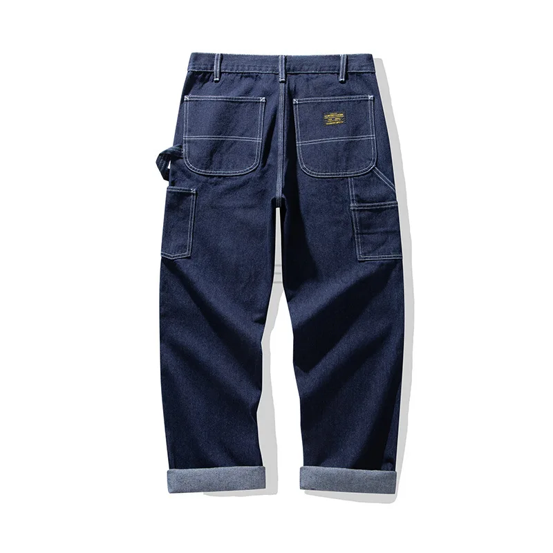 빈티지 13.5OZ 로우 데님 청바지 코튼 스트레이트 데님 바지 남성용 헤비급 블루 지퍼 플라이 포켓 바지