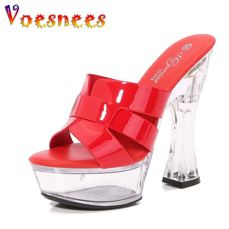 14cm transparente Sandalen Kristall Plattformen Party High Heels Frauen Sommer Club Hausschuhe plus Größe Modell Laufsteg Show Pumps