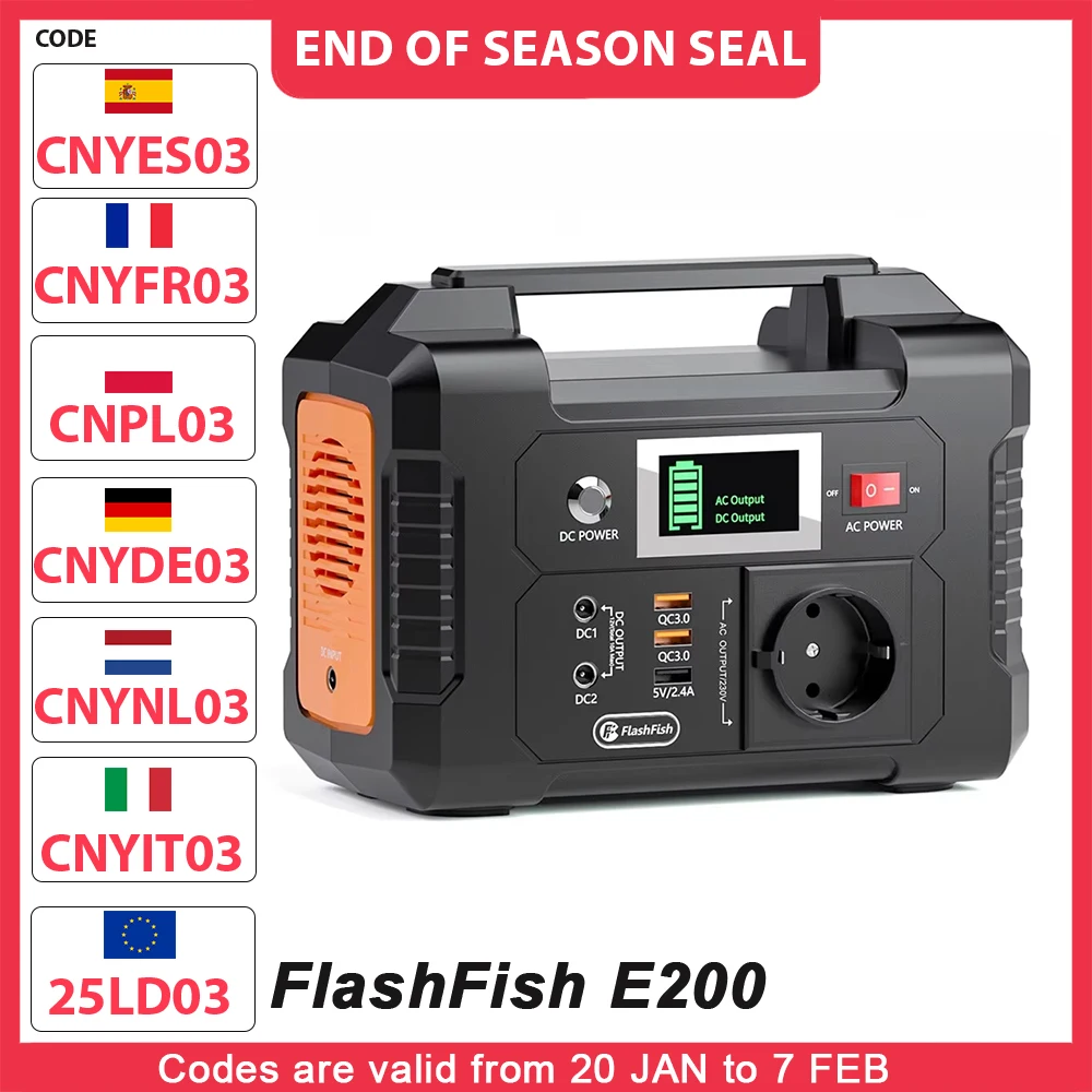 FlashFish E200 200W Portable Power Station 151Wh Lithium Battery 1x Pure Sine Wave AC220V Output for RV Camping Van