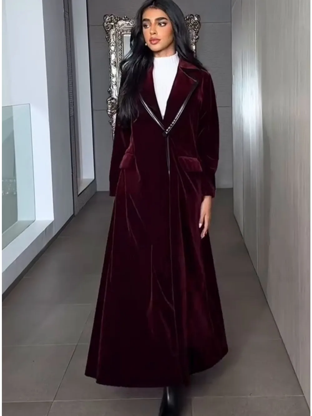 Muslim Women Abaya velvet Trench Coat Eid Lapel Overcoat Ramadan caftan Morocco Dubai Windbreaker Arab Casual Long Outerwear