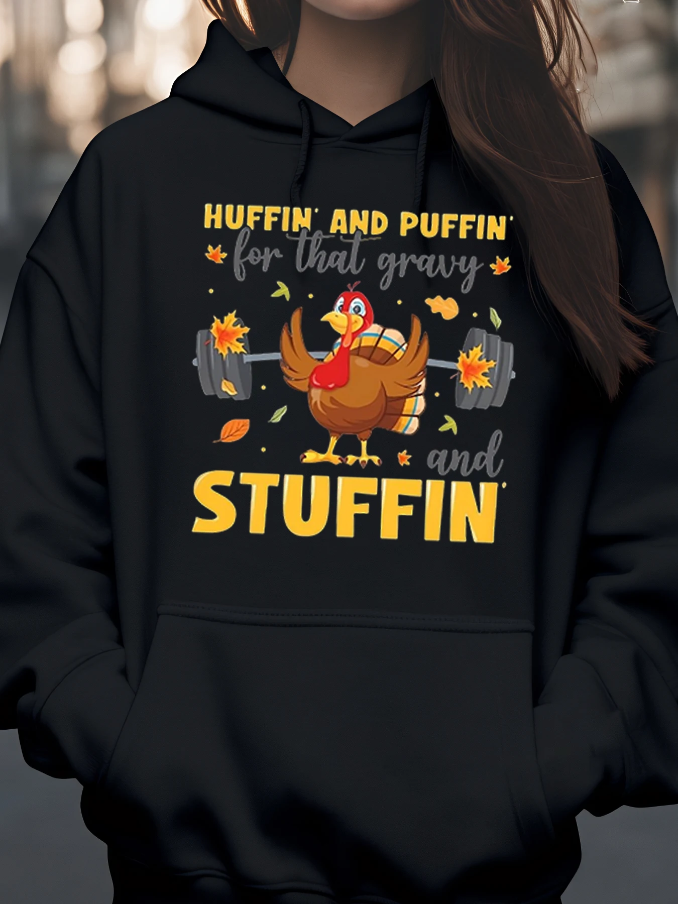 

Turkey Lifting Dumbbells for Gravy and Stuffing Thanksgiving Hoodie Casual Wear for Women and Men