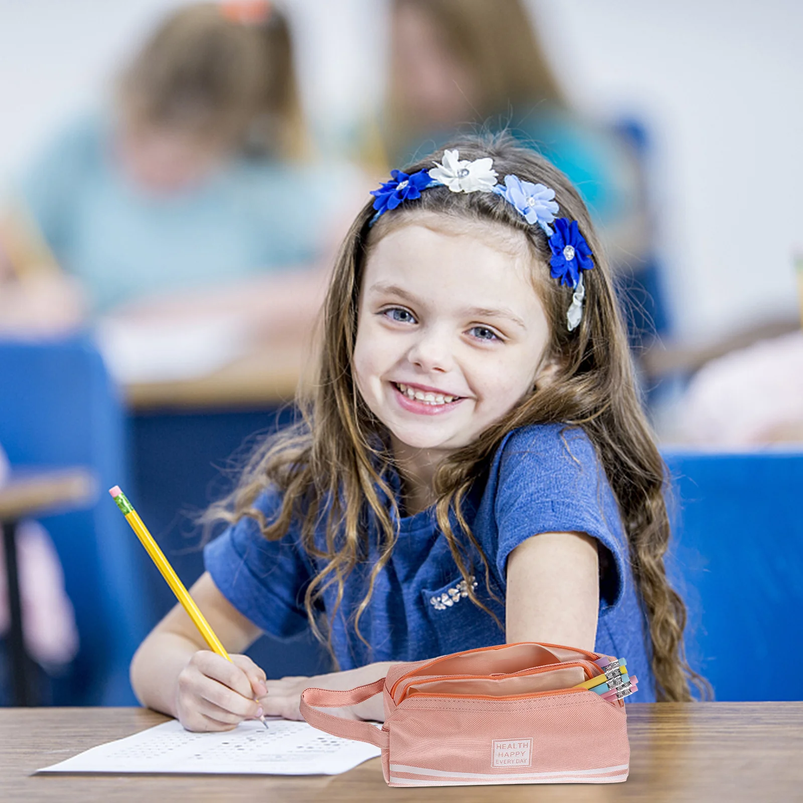 

Canvas Double Layer Pencil Bag Large Capacity Light Pink Pen Case Zipper Pouch Portable Storage Pencil Case