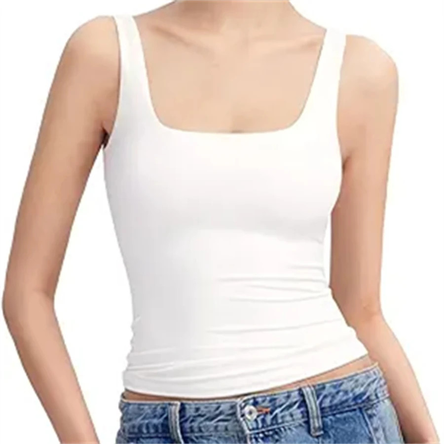 Women's Summer White Tank Tops 2024 New Fashion Solid Color Sleeveless Square Neck Straps Crop Vest Tops for Streetwear