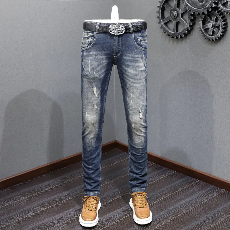 

Fashion Vintage Men Jeans High Quality Retro Black Blue Stretch Slim Fit Ripped Jeans Men Spliced Designer Hip Hop Denim Pants