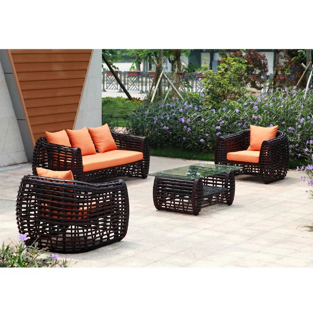 

Factory Directly Supply Brown Rattan Garden Sofa Set With Glass Coffee Table