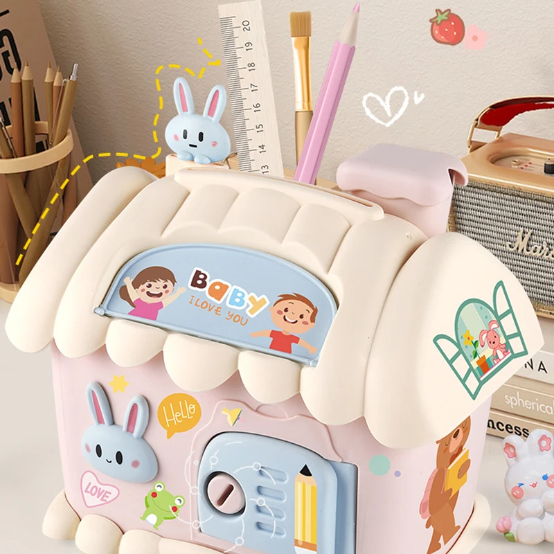 Children's Small House Money Bank Toys Can Save Can Take Multifunctional Cute Rabbit House Money Box Pen Holder Desktop Decor