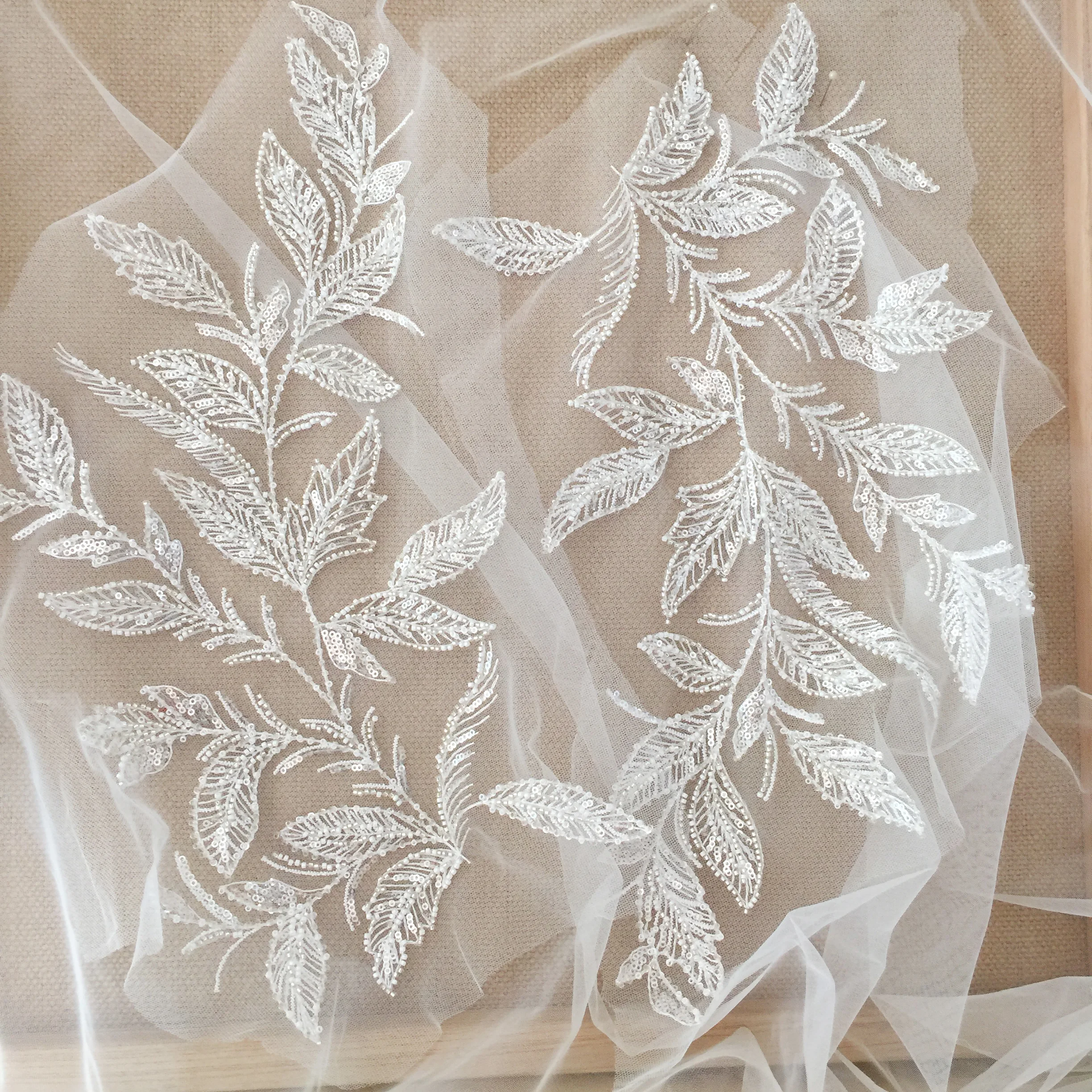 3D Beaded Sequins Lace Leaf Embroidery Lace Pair Floral Appliqué Medallions For Wedding Dress Accessories