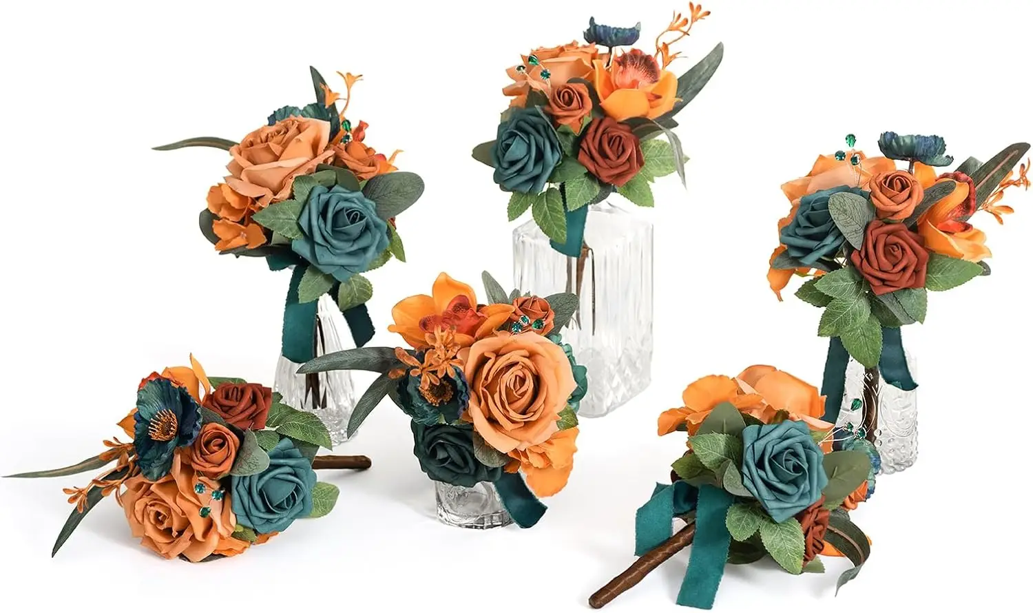 

Set of 6 Mini Bridesmaid Bouquets in Teal Blue and Burnt Orange, Pre-Made Wedding Centerpieces for Floral Decor