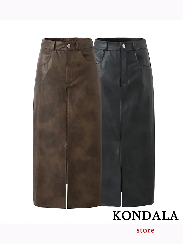 KONDALA Casual Leather Women Skirt Solid Zipper Pockets Front Slit Long Straight Skirt Fashion 2023 Autumn Winter Long Skirts