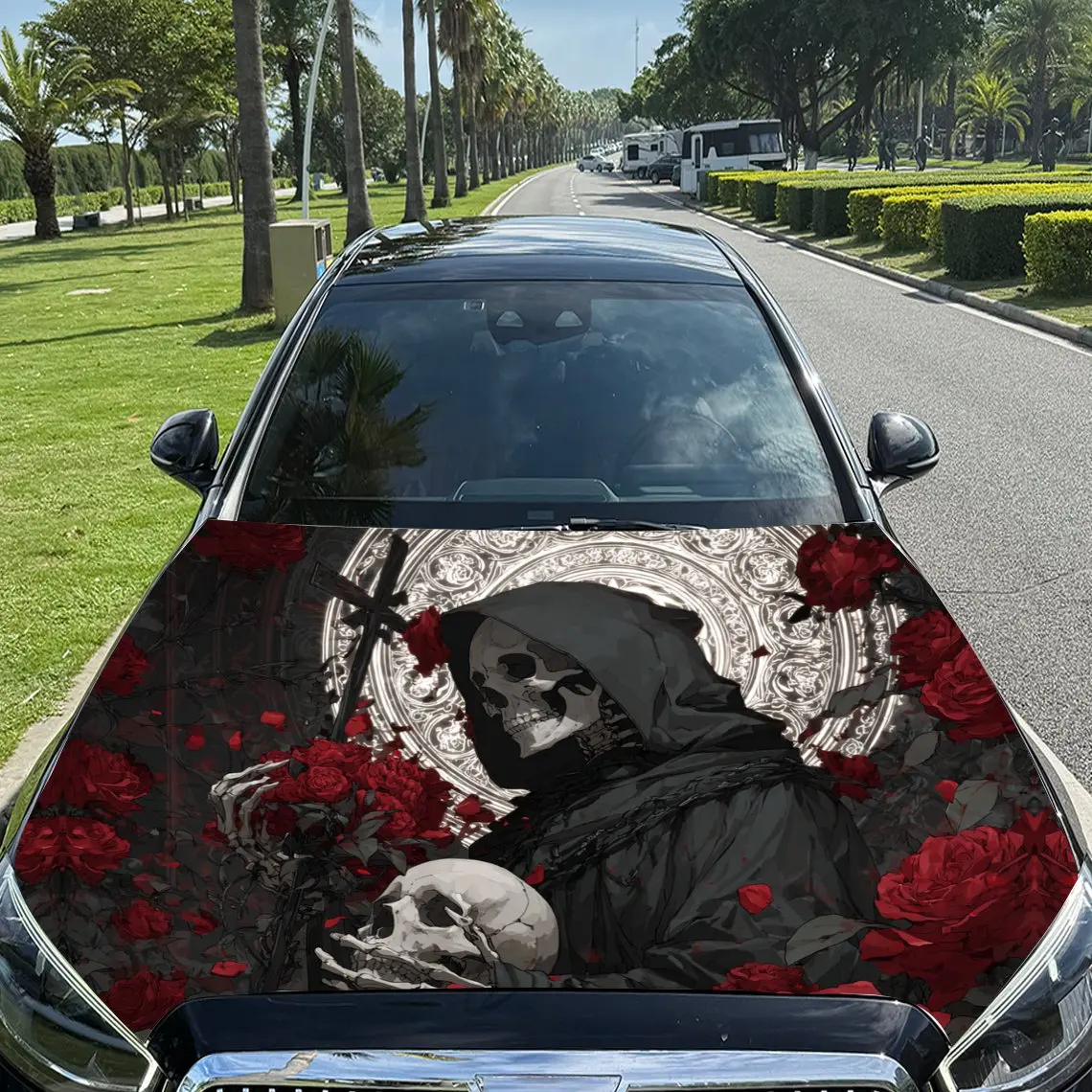 

Dark - Style Reaper and Red Roses Car Vinyl Wrap, PVC Material Waterproof Car Hood Sticker, Self-Adhesive Scratch-Resistant Stic