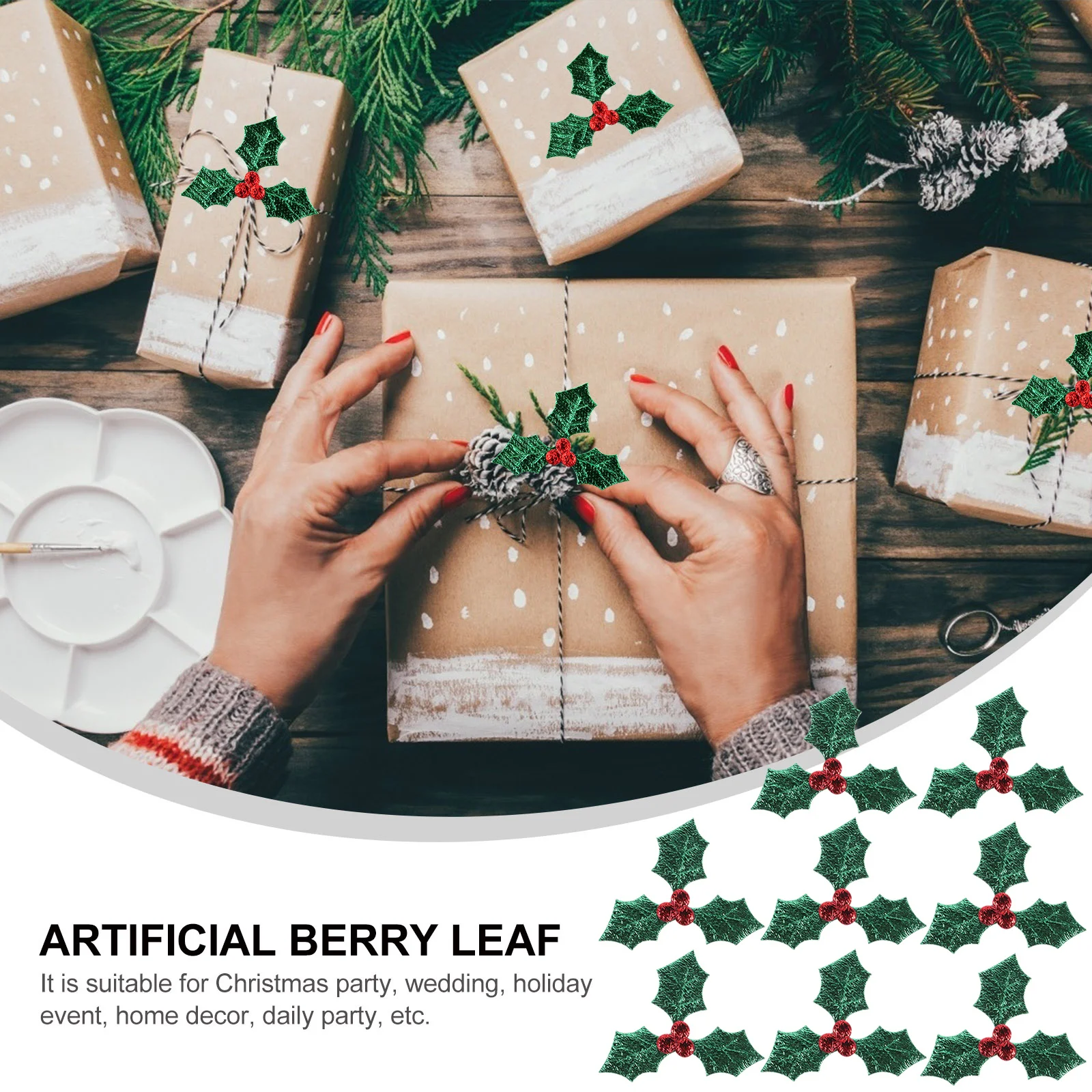 

100Pcs Christmas Artificial Berry Green Leaf Decoration Accessories Headdress Costume Hanging Ornament DIY Party Supplies