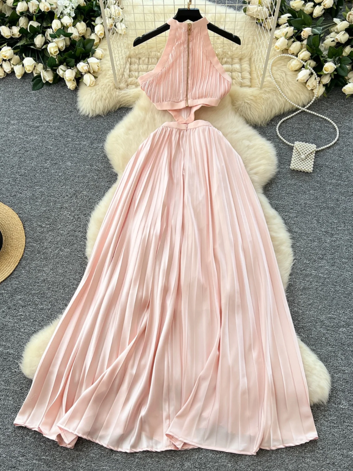 Ele Sexy Hollow out Waist Hanging Ne Svel Belted Satin Long Dr Women's Commute Korean Sle A-Line Skirt