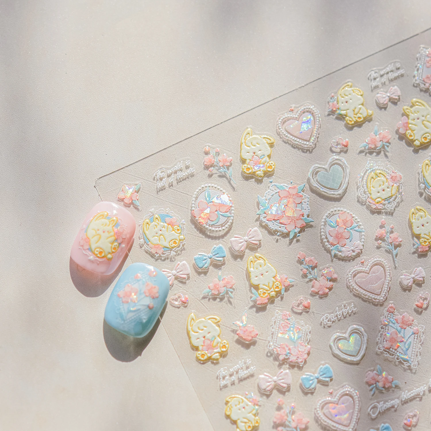 1 個 5D パステルかわいいウサギのネイルステッカー弓ディテールマニキュアアクセサリー自己粘着スイートデイリースタイリングガーリーステッカー