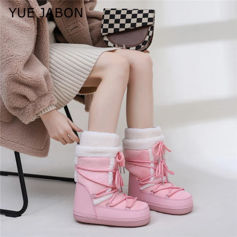 

Прекрасная зимняя обувь, женские зимние ботинки, лыжные ботинки на толстой подошве, теплые ботинки на платформе до середины икры, нескользящая хлопковая обувь, розовый, белый цвет