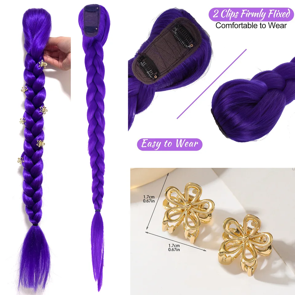 Extensión de cola de caballo morada de 26 pulgadas con clip, para cosplay de niñas en Halloween y Navidad 4