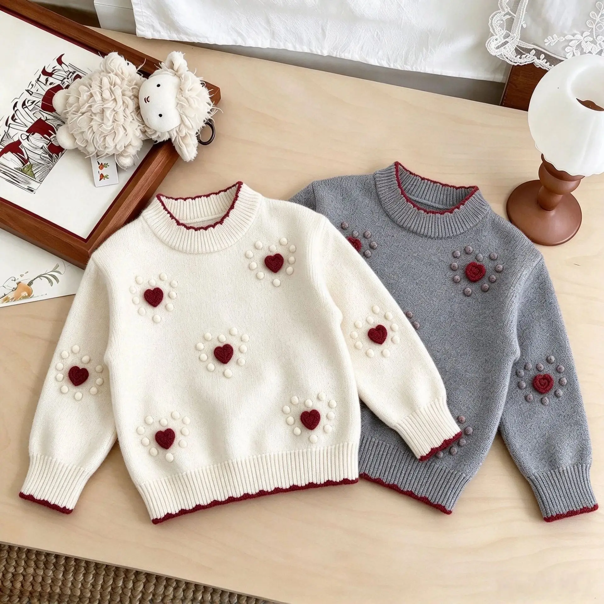2026 New Sweet Kids Sweater 3D Heart Shape Handmade Pom Pom Knit Pullover Soft Warm Autumn Winter Student Girls Knitwear JY10093