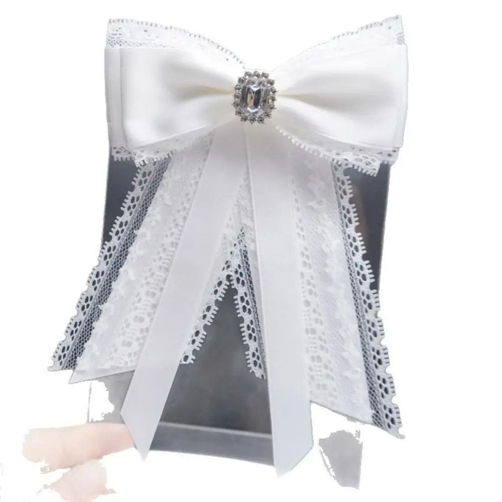 Black Memorial Black Ribbon Bow Tie Brooch White Fabric Lace Rhinestone Necktie Bowtie Neck Tie For Funerals and Mourning