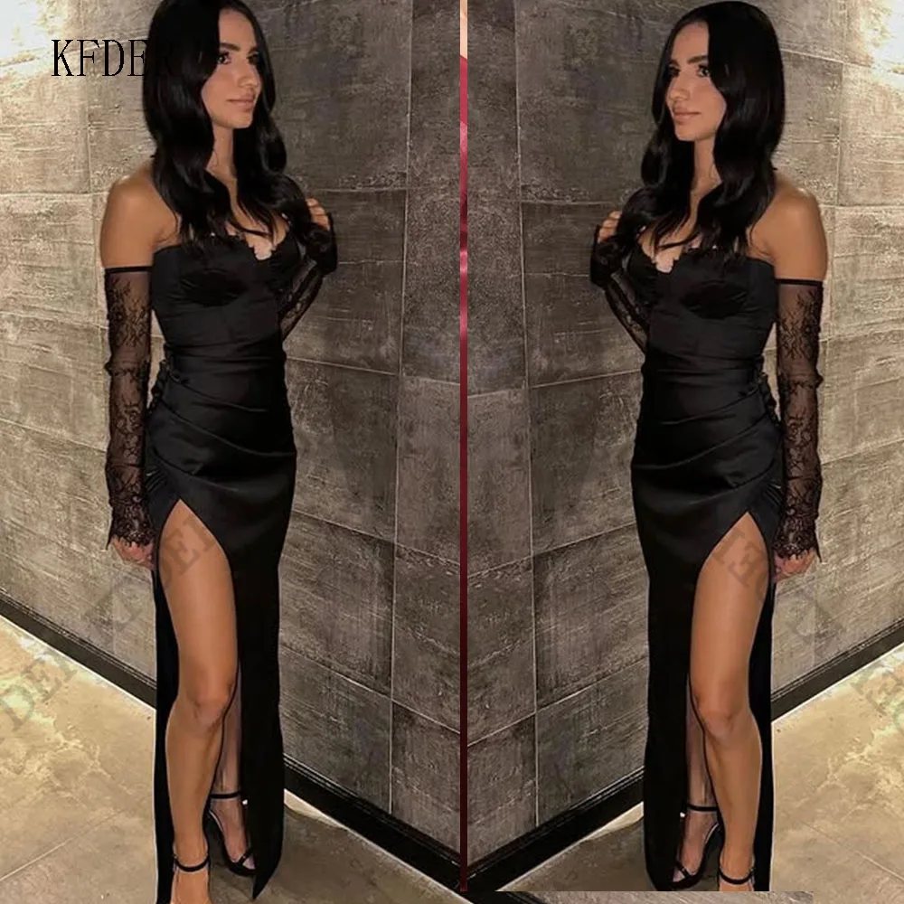 Sexy Black Satin Off The Shoulder Sweetheart Side Slit Bodice Cocktail Formal Party Night Evening Dresses Prom Gowns
