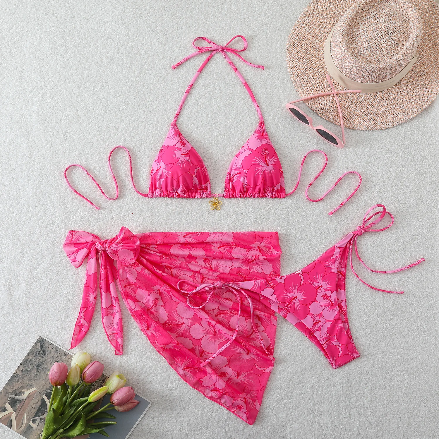 2026 Trendy Sexy Bikini Set Sheer Mesh Skirt Cover Up Halter Neck Tie Side 3 Piece Swimsuit Tri Set Bandage Bikini High Waisted