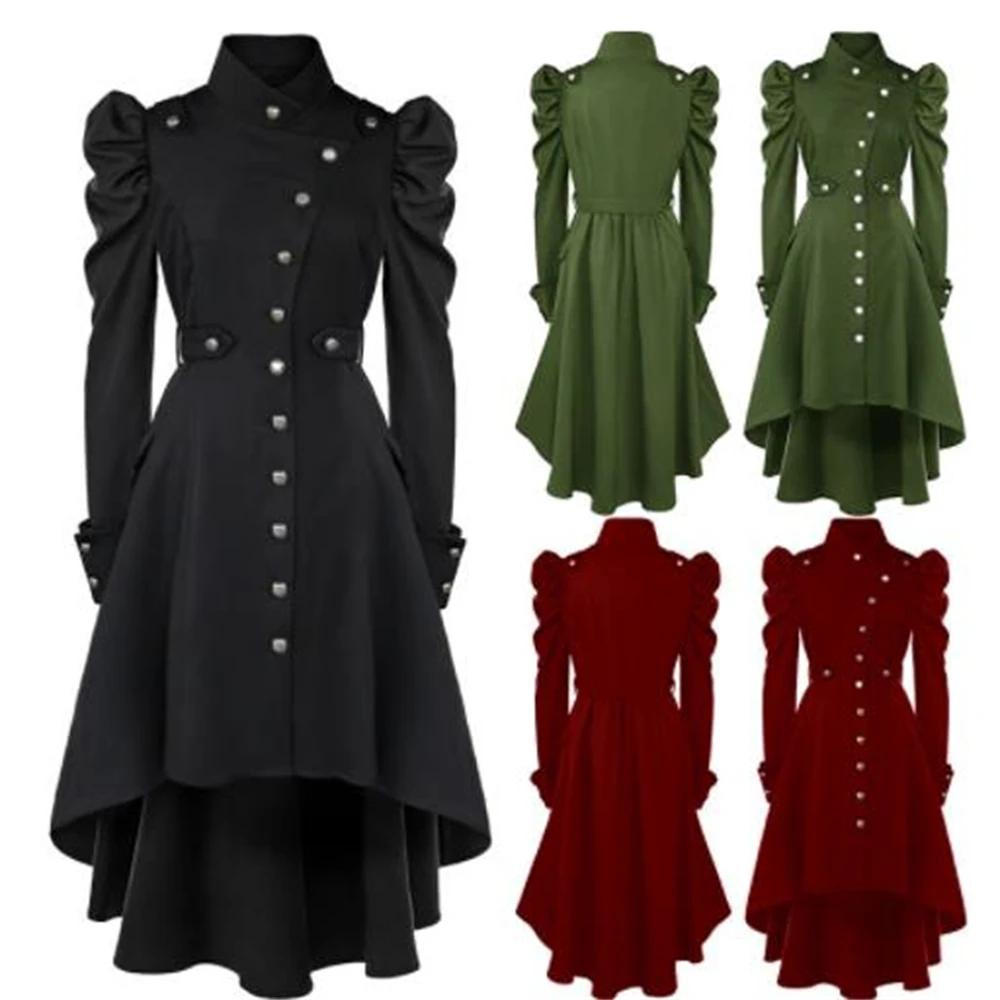 Women Steampunk Gothic Winter Coats Long Sleeve Cosplay Costume Dress Medieval Noble Court Princess Puff Sleeve Slash Outwear