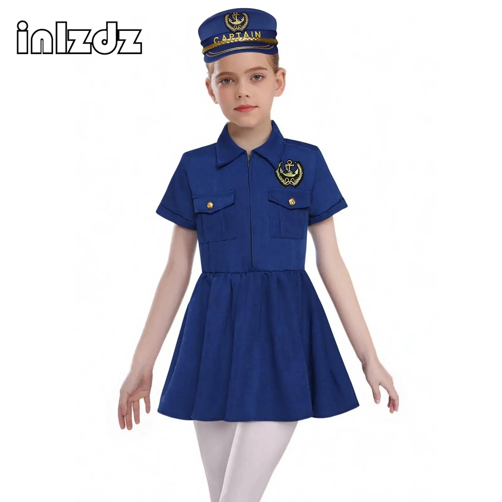 

Girls Captain Professional Experience Outfit Teen Halloween Carnival Dress Up Costume Short Sleeve Flap Pockets Dress+Hat Suits