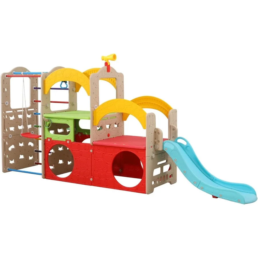 

10 in 1 Indoor Playground Jungle Gym Playset with Slide Climbing Wall Ladder Swing Basketball Hanging Rings for Toddlers 3+ Int