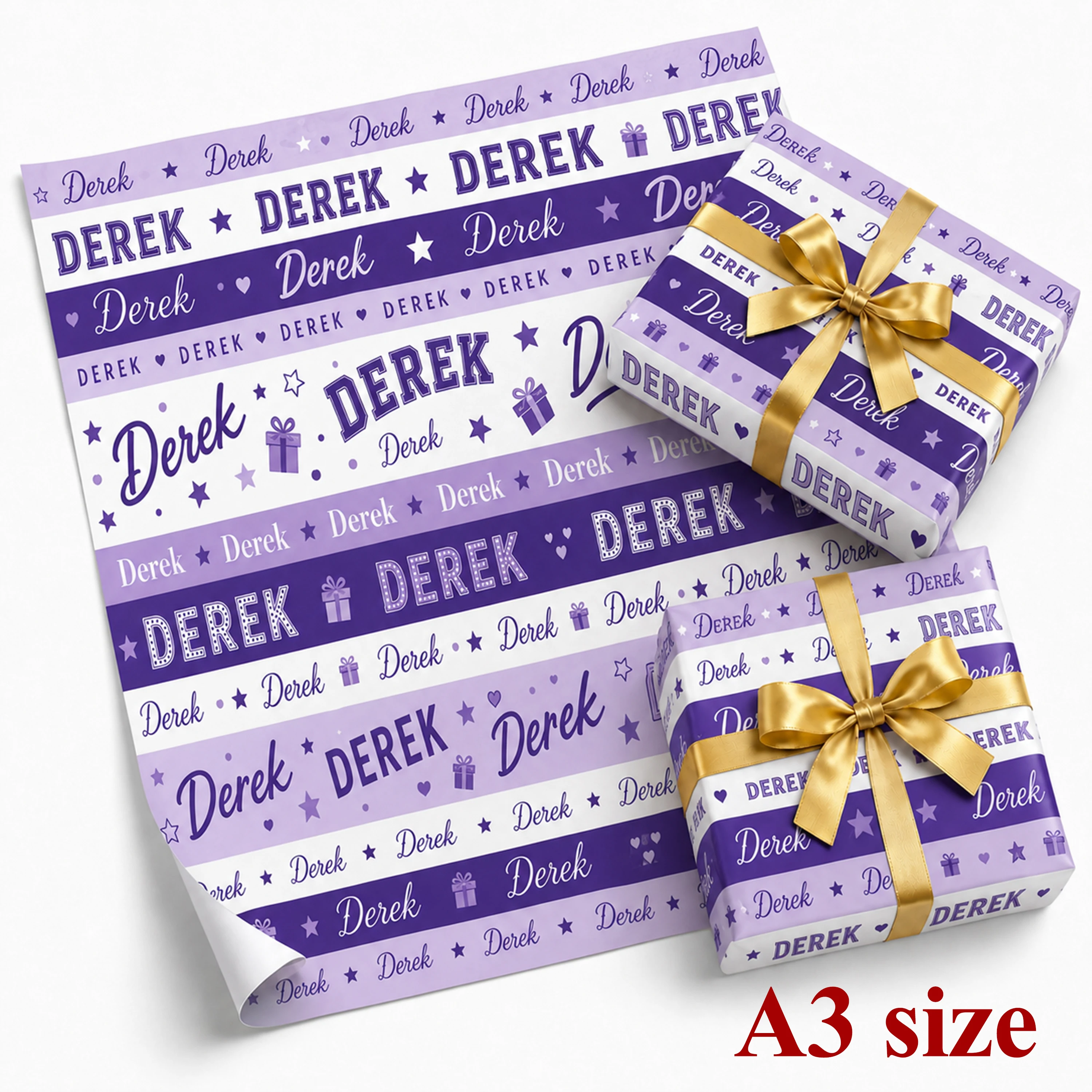 3 Sheets Personalized Gift Wrapping Paper, Custom Name Purple Striped Gift Wrap, 47x31cm, Stars Hearts for Birthday Party Gifts