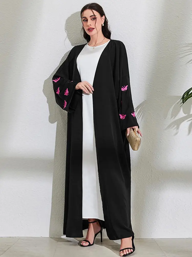 Muslim Women Butterfly Embroidery Open Kimono Abayas Dubai Turkish Casual Islam Clothing Moroccan African Kaftan Eid Long Robes