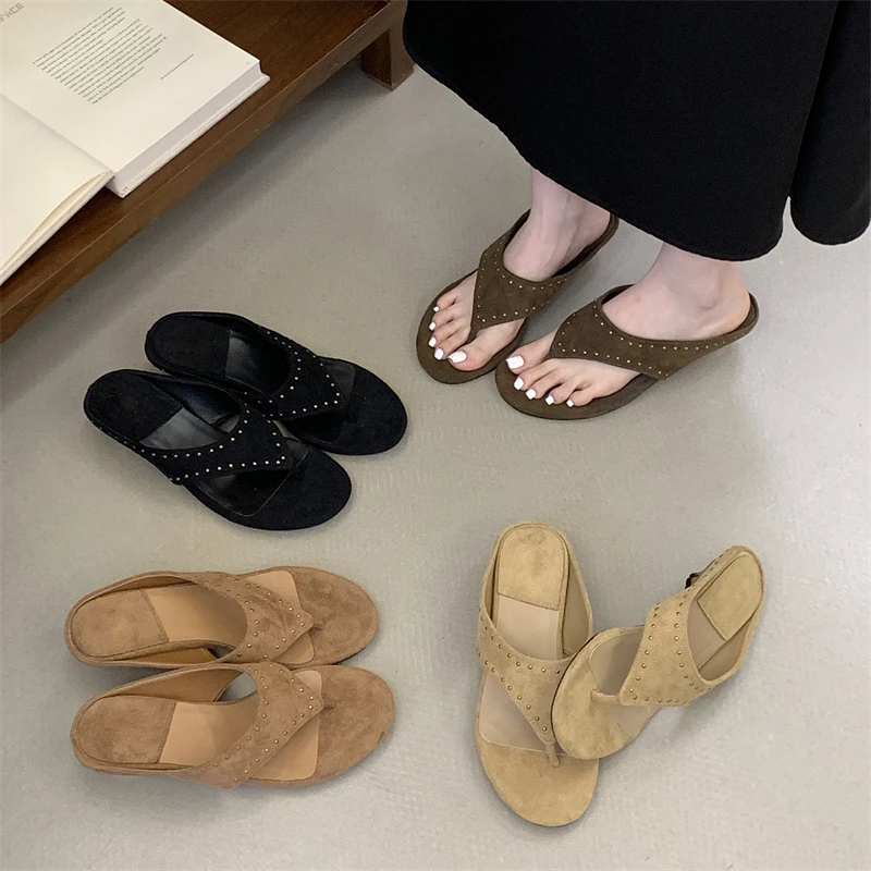 

Women's Round Open Toe Faux Suede Studded Thong Strap Wedge Slip‑On Mule Sandals, Minimalist Vintage Casual Daily Footwear, Drop