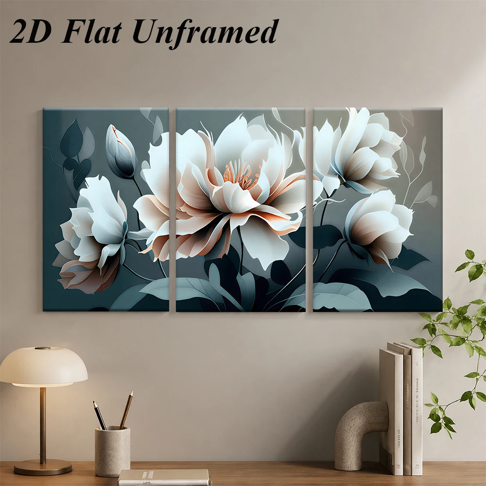3PCS Frameless,1 set of Nordic light luxury modern triple frameless decorative painting, dark green gilded floral decoration pai