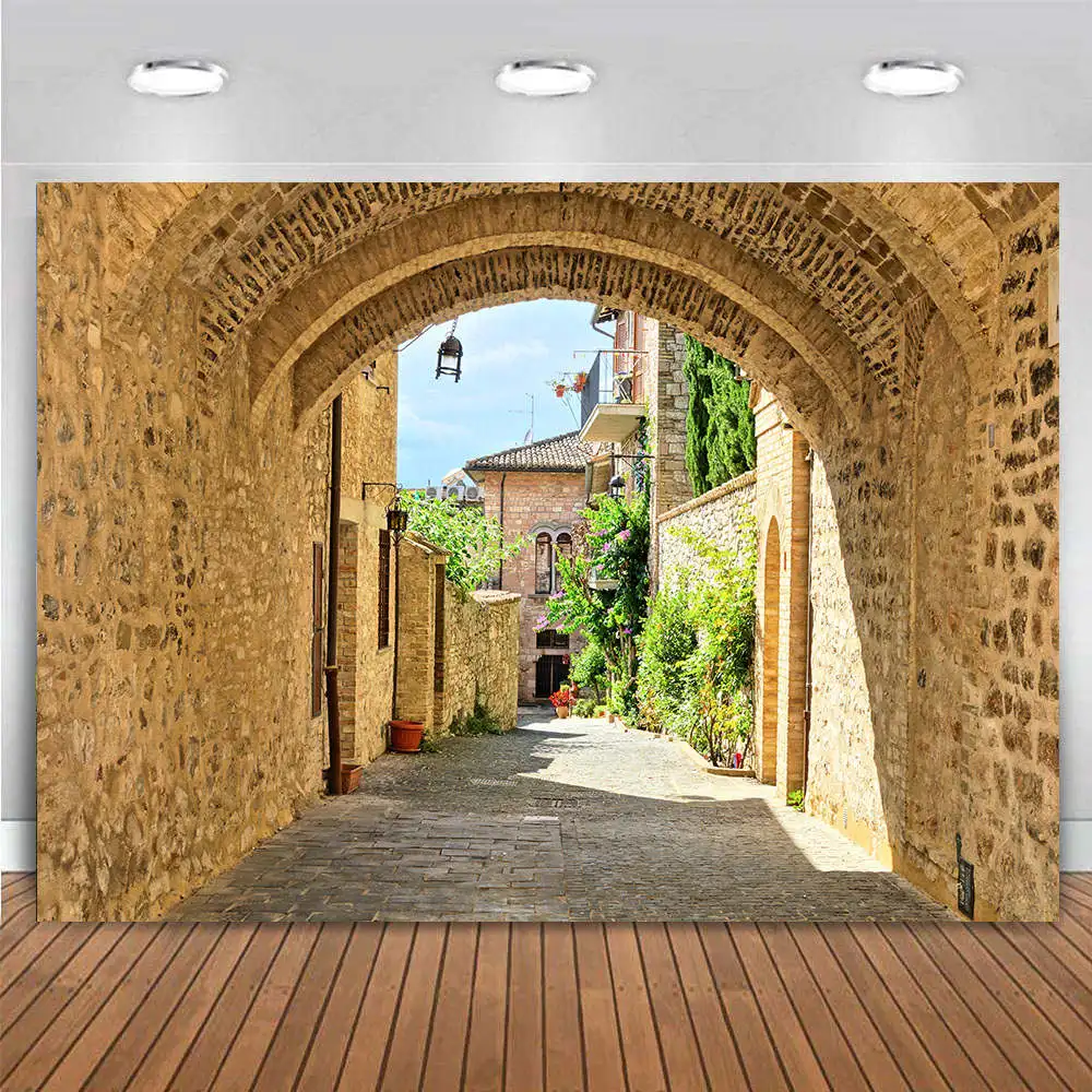 

Old Street Town Backdrop Italian Greece Paris Narrow Alley Background Medieval Europe Restaurant Coffee Shop Arched Stone Wall