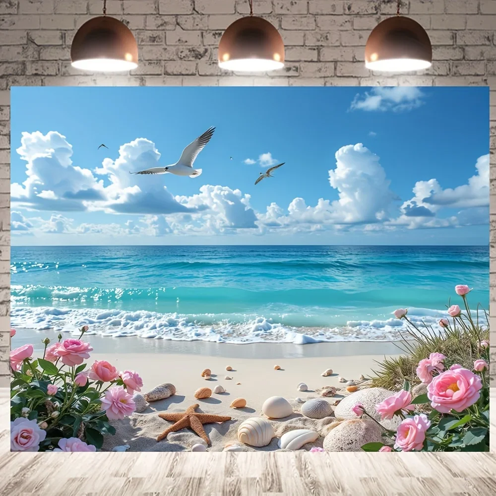 Seaside Beach Tapestry Blue Sky White Clouds Seagulls Starfish Shells Roses Coastal Summer Vacation Vibe Wall Decor for Living