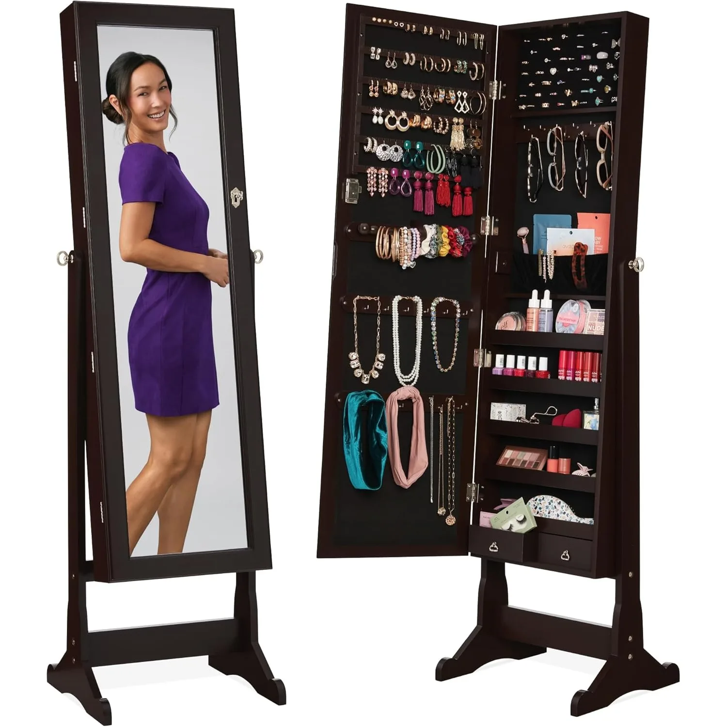 

Freestanding Jewelry Armoire Cabinet, Full Length Standing Mirror, Lockable Makeup Storage Organizer, w/Velvet Lining, 3 Angles