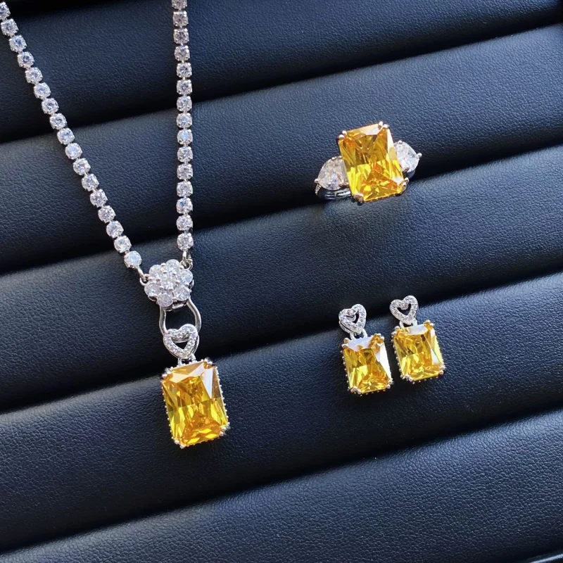 

Золотое циркониевое сердце, простое прямоугольное открытое кольцо с желтым кристаллом, женский элегантный комплект серег с подвеской