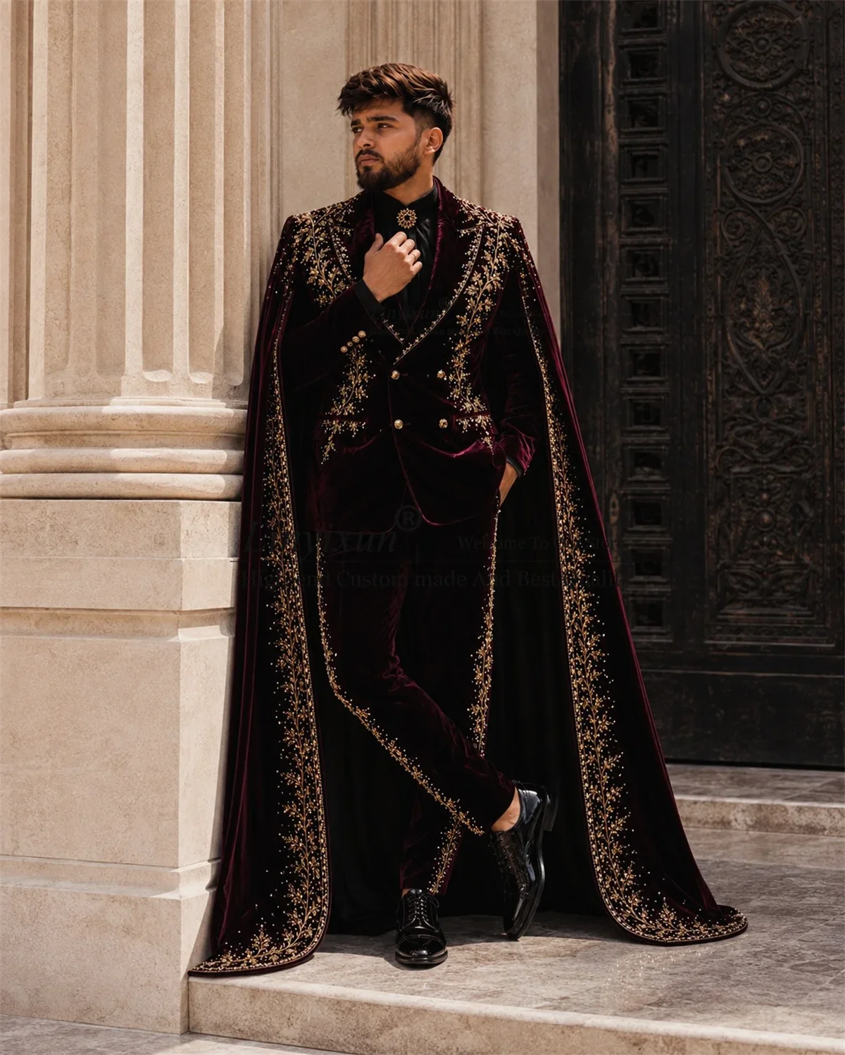 Long Coat Pants Design Velvet Men Suits 3 Pieces Sets Groom Male Party Blazer Customized Embroidered Wedding Tuxedo Ropa Hombre