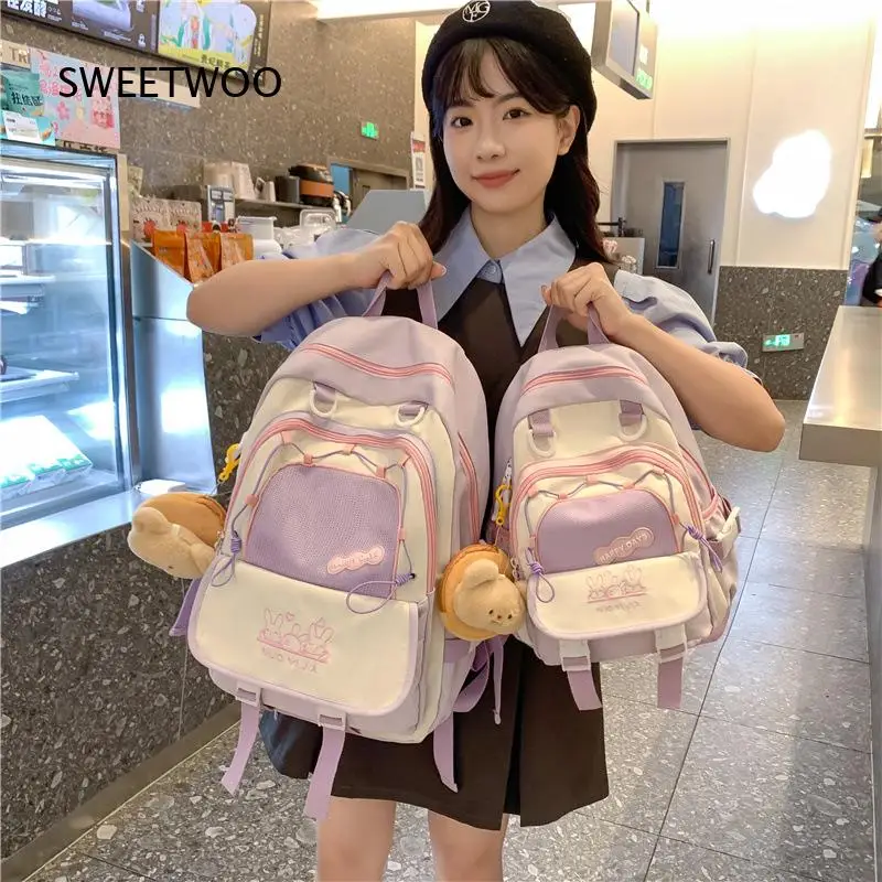 Cute Color Block Backpack Large Capacity Multi Pocket School Backpack For Teen Girls Casual Travel Daypack With Plush Pendant