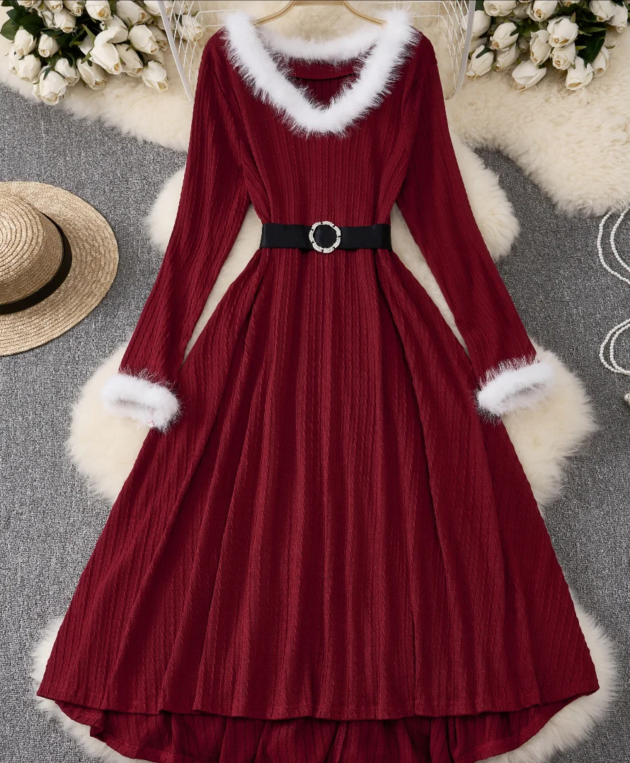 

Autumn-Winter Christmas Red Dress, Soft Style, Fleece V-Neck, Waist-Hugging Knit Long Dress with Ambiance